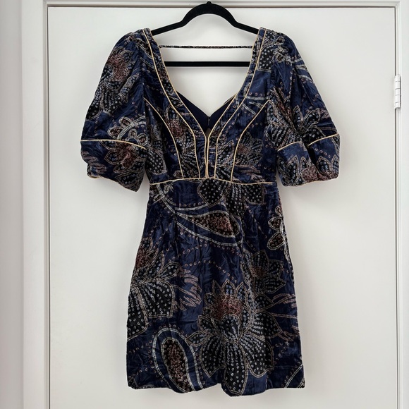 NWT Farm Rio Blue Floral Glam Scarf Velvet Mini Dress S - Picture 7 of 16